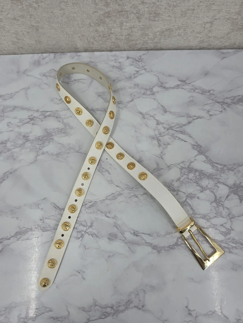 Vintage White Italian Leather Belt with Gold Tone Lion Head Medallion Studs